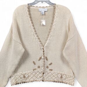 VTG Style New York M Beige Knit Cardigan Boho Crochet Hem Grandmacore Lagenlook